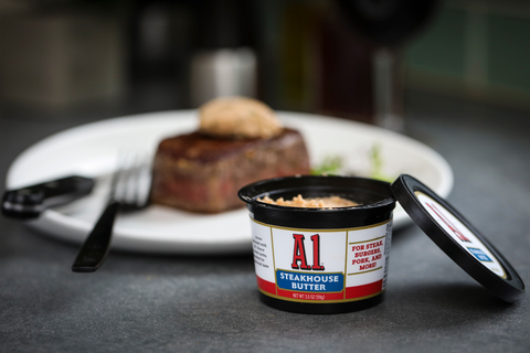 A.1., the brand known for its iconic steak sauce, debuts A.1. Steakhouse Butter – a combination of creamy butter blended with signature A.1. Steak Sauce and a variety of fresh herbs, delivering the bold flavor fans love with the convenience they need. (Photo: Business Wire)