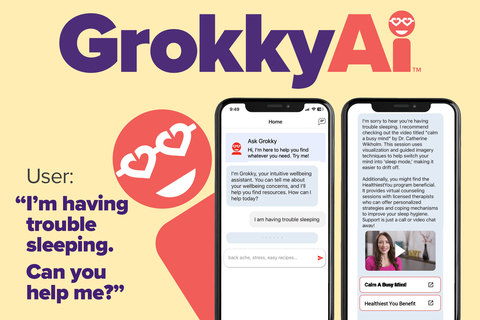 Grokker’s AI-powered conversational benefits agent, GrokkyAi™, instantly points members to the lowest acuity benefits relevant to their queries. Credit: Grokker