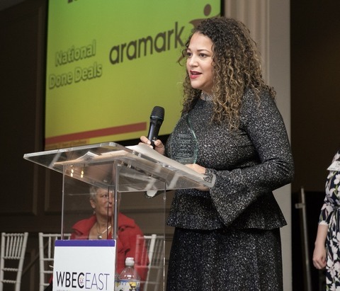 Natily Santos, Aramark's Vice President of Responsible Sourcing, speaks at an event for women business owners and entrepreneurs. Aramark was recently recognized in DiversityComm Inc.’s 2024 list of the Best of the Best Top Supplier Diversity Programs for Minority Business Enterprises. (Photo: Business Wire)