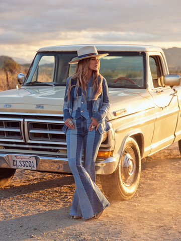 Showstopping pieces include Wilson’s signature bell bottom jeans, elevated with statement patchwork, bold stripes and flock embellishments. Trucker jackets and flares come in printed “storyteller” denim, with illustrations based on details from Wilson’s life, from her childhood spent on her family's Louisiana farm, to her guitar and beloved French bulldog. (Photo: Business Wire)