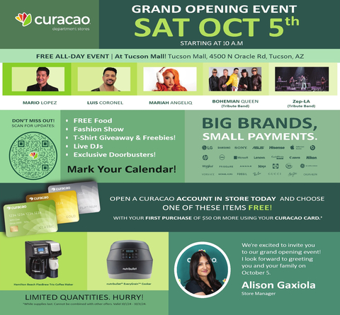 Leading retailer Curacao announces the official grand opening of its new Tucson store at the Tucson Mall on October 5, 2024. This vibrant event will feature unbeatable doorbuster deals and live performances from talented artists, including Tucson native Luis Coronel.