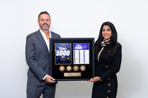 Todd Betlejewski and Jeannette Preston, Managing Directors of Liberty1 Financial, celebrating being ranked #25 of 5000 nationally for the 2024 Inc. 5000 awards. (Photo credit: Liberty1 Financial)