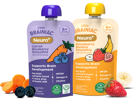 Little Brainiac Neuro+ Smoothies, available in Strawberry Banana and Carrot Blueberry. (Photo: Business Wire)