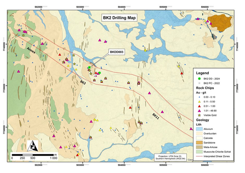 Figure 3: Map showing the location of hole BKDD003 plotted on a detailed lithological base map showing the extent of the surface cover (Graphic: Business Wire)