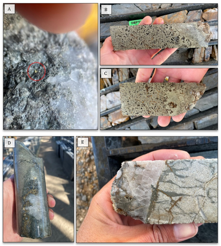 Figure 4: Pictures from BKDD003 drill core; A) visible gold B) & C) massive sulphide zone comprising pyrite and pyrrhotite D) quartz vein with pyrite E) quartz vein with pyrrhotite and bleached arkosic wall rock (Graphic: Business Wire)