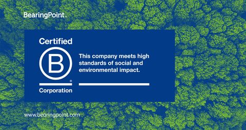 original BearingPoint is B Corp Certified and joins a community of businesses leading a global movement for an inclusive, equitable, and regenerative economy. (Graphic: Business Wire)