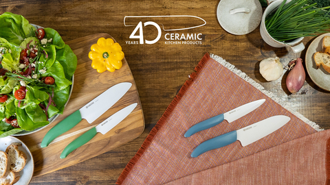 Kyocera’s 40th Anniversary commemorative ceramic knives will be available late fall 2024 in a limited-edition gift set in either Botanical Green (left) or Aegean Blue (right). (Photo: Business Wire)