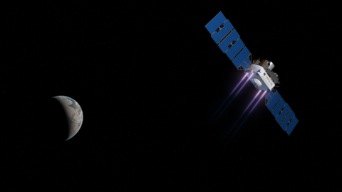 In this rendering of Impulse Space's Mira orbital transfer vehicle (OTV), the Saiph thrusters are shown burning their nontoxic bipropellant, nitrous oxide and ethane. (Source: Impulse Space)