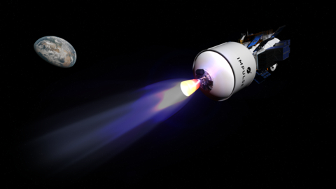 A rendering of Impulse Space's Helios vehicle, carrying several payloads, as the powerful Deneb engine is firing. (Source: Impulse Space)