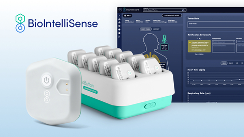 The FDA-cleared BioIntelliSense BioButton® Multi-Patient wearable and BioDashboard™ System for continuous patient monitoring. (Graphic: Business Wire)