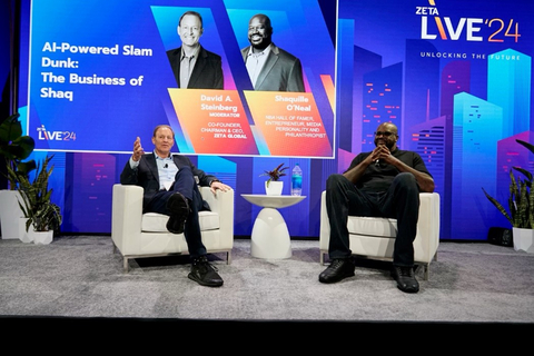 David A. Steinberg, Zeta Co-founder, Chairman, and CEO with Shaquille O’Neal in “The AI-Powered Slam Dunk: The Business of Shaq” session at Zeta Live 2024 on September 26, 2024 in New York City (Photo: Business Wire)