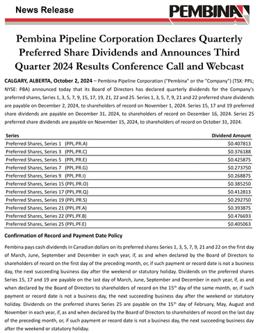 Pembina Pipeline Corporation Declares Quarterly Preferred Share Dividends and Announces Third Quarter 2024 Results Conference Call and Webcast