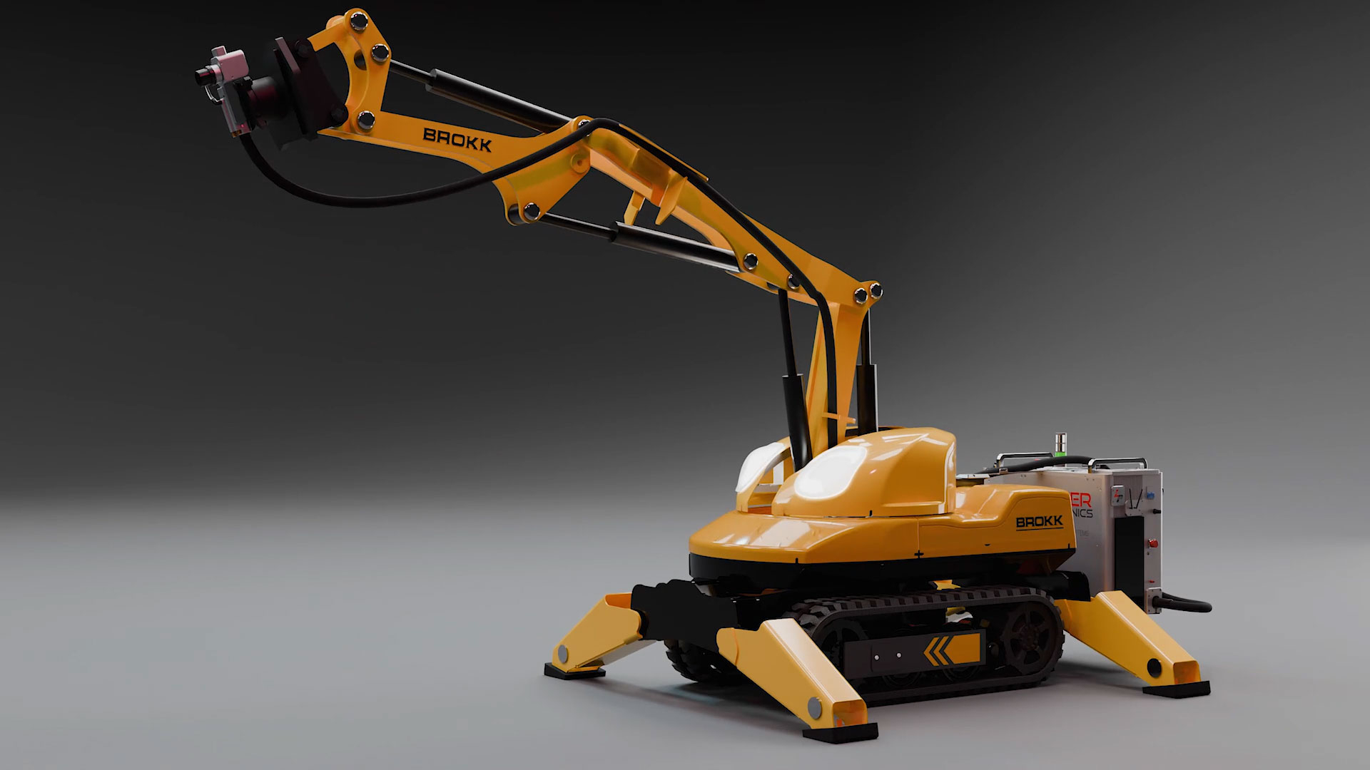 Animated concept video of the Brokk 110 demolition robot with a CleanTech laser cleaning system integrated as an attachment.