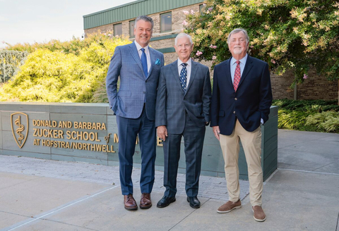 Broadridge Financial Solutions generously gifted $3 million to the Zucker School of Medicine at Hofstra/Northwell, establishing an endowed deanship in honor of Founding Dean Dr. Lawrence G. Smith and his late wife, Deborah, and supporting scholarships for medical students. Pictured (L to R): Zucker School of Medicine Dean David L. Battinelli, MD; Founding Dean Lawrence G. Smith, MD, MACP; and Rich Daly, Executive Chairman, Broadridge Financial Solutions. Photo Credit: Northwell Health Studios