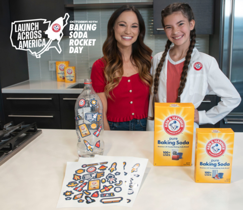 Emily Calandrelli and Delaney Martinez, Chief Steam Officer, celebrate Arm & Hammer Baking Soda Rocket Day (October 10, 2024), part of Launch Across America. (Photo: Business Wire)