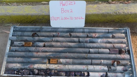 Figure 1: Drill Core from KWO-217 -- Depiction of massive bornite with traces of chalcopyrite, occurring in a weak zone possible fault zone. (Photo: Business Wire)