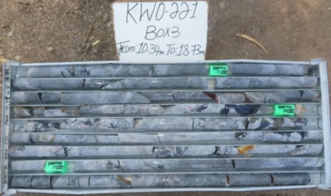 Figure 2: Drill Core from KWO-221 -- The drill core pictured in Figure 2 shows covellite, bornite and chalcopyrite occurring in highly calcified and fractured zone (Photo: Business Wire)