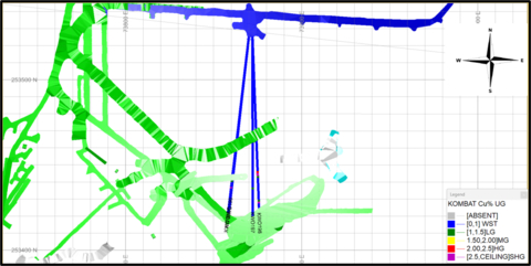 Figure 4: Map of Drilling Depicting High Grade Area on Hole KWO-198, Level Five of Kombat Mine (Graphic: Business Wire)