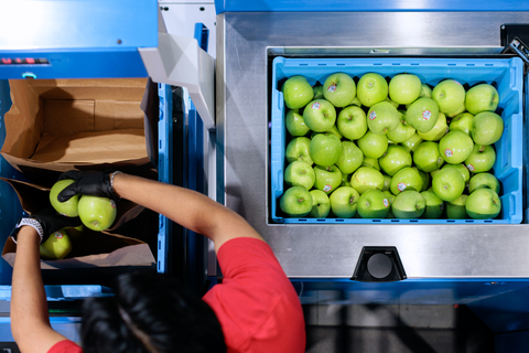 An employee at the Save A Lot and Fabric micro fulfillment center in Brooklyn picks apples for a customer delivery. Customers can order fresh, frozen and perishable products along with other center store items. Photo credit: Dan Powell