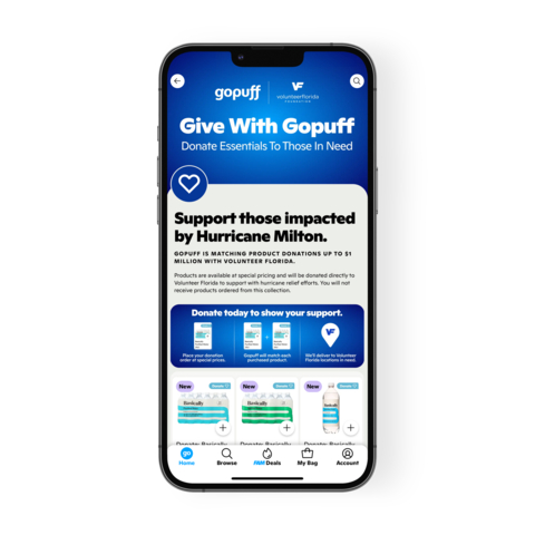 "Give With Gopuff,” a new in-app product donation tool, allows customers across the country to send essentials like food and water to those impacted by Hurricane Milton in Florida. (Photo: Business Wire)