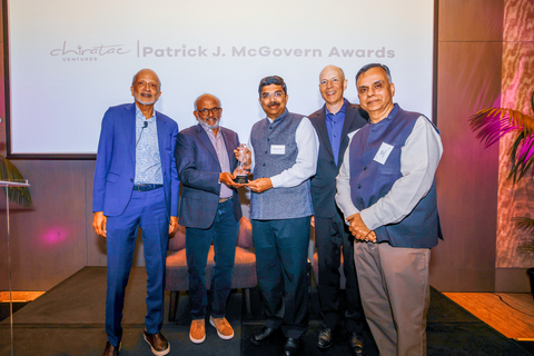 The Chiratae Ventures Patrick J. McGovern Awards event in San Francisco, on September 16, 2024 (left to right) MR Rangaswami, Founder of Indiaspora, a Silicon Valley-based entrepreneur and investor, and Chiratae Ventures Patrick J. McGovern Award Jurist; Shantanu Narayen, Chair and CEO, Adobe; Dr. Srikar Reddy, Indian Consul General, San Francisco; Pat McGovern III, Chairman of the Board of The Patrick J. McGovern Foundation, and Chair of the Jury of the Chiratae Ventures Patrick J. McGovern Award, and Regional Advisor (US), Chiratae Ventures; Sudhir Sethi, Founder and Chairman, Chiratae Ventures. (Photo: Business Wire)