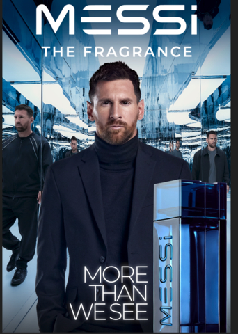 The eau de parfum is 3.4-oz./100 and is sustainably packaged in a navy-blue glass, with the Messi logo molded into the bottle. (Credit: Sheralven)