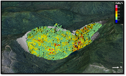 Figure 2: Hushamu Resource Shell and Block Model Showing Grades (Graphic: Business Wire)