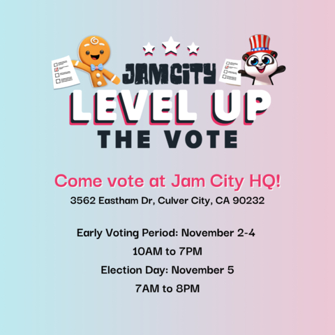 Jam City ignites voter registration and participation for the 2024 elections through a #LevelUpTheVote campaign featured in its blockbuster mobile games. The company is an official @lacountyrrcc Vote Center in Culver City, CA. (Graphic: Business Wire)