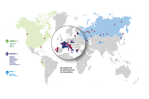 Map of the TraWell Co.'s network of 129 shops in 45 airports in 13 countries. (Photo: Business Wire)