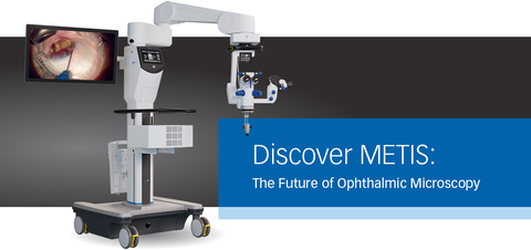 METIS offers complete control of glaucoma positioning, allowing surgeons to activate the motorized tilt at the touch of a button for effortless viewing angle adjustment. An innovative adaptation to the binoculars enables smooth, one-handed repositioning with a sterile cover, ensuring a streamlined and efficient workflow during Minimally Invasive Glaucoma Surgery (MIGS) procedures without compromising speed or safety. (Graphic: Business Wire)