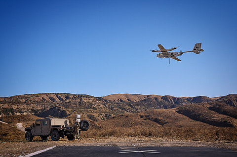 P550 autonomous eVTOL UAS transitions seamlessly from vertical launch to forward flight, carrying a multi-sensor payload. (Photo: AeroVironment)