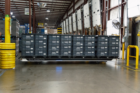 original Slip Robotics SlipBot autonomous loading robots increase truck loading & unloading speeds at Valeo warehouse in Seymour, Indiana. (Photo: Business Wire)