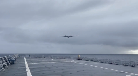 JUMP 20 UAS finishing a maritime mission aboard a NATO vessel. (Photo: AeroVironment)