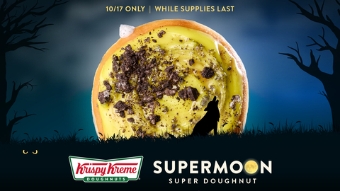 Available only Thursday, Oct.17, at participating shops across the U.S., Krispy Kreme’s Supermoon Super Doughnut is inspired by the bigger, brighter supermoon – an unglazed doughnut filled with cookies & Kreme™ filling, dipped in yellow icing, swirled with chocolate cookie pieces. (Photo: Business Wire)