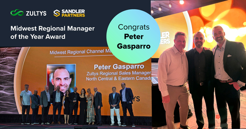 Peter Gasparro receives the Midwest Regional Manager of the Year award on stage with Alan Sandler, founder of Sandler Partners, and other Sandler leaders during the National Sandler Summit Awards Gala. (Graphic: Business Wire)