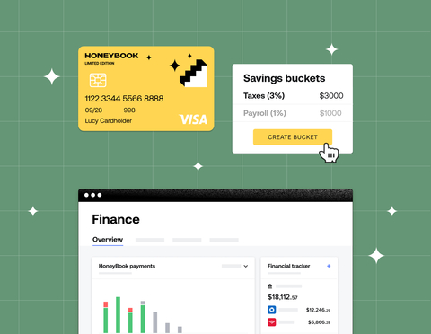 HoneyBook Finance includes the HoneyBook business checking account, HoneyBook Visa business debit card, payments, and cashflow management and savings tools, empowering independent business owners to earn, spend, save, and monitor their finances all in one place. (Graphic: Business Wire)