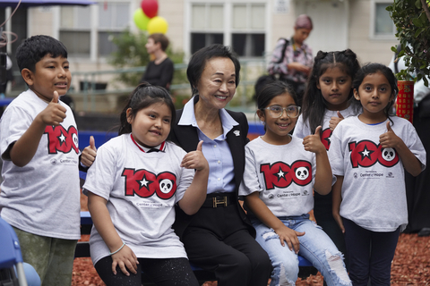 Co-Founder and Co-CEO of Panda Restaurant Group Dr. Peggy Cherng and local Boys & Girls Club youth celebrate the 100th Panda Cares Center of Hope at Boys & Girls Clubs of West San Gabriel Valley & Eastside at Estrada Courts on Wednesday, Oct. 16, 2024 in Los Angeles. (Lauren Justice/AP Content Services for Boys & Girls Clubs of America)