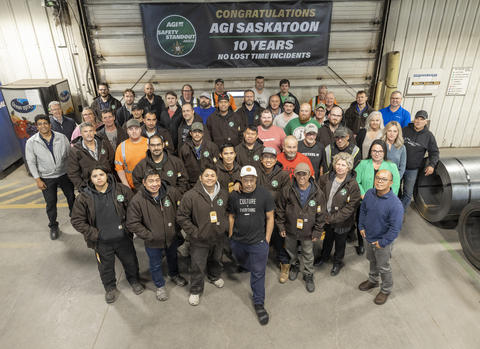 The AGI Saskatoon employee team earned the prestigious AGI Safety Standout Award for achieving 10 years without a lost time incident. (Photo provided by AGI)