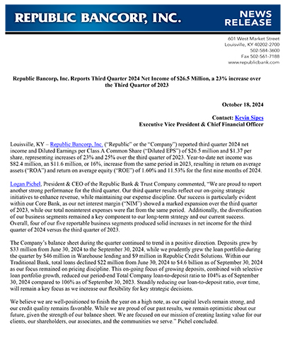 Republic Bancorp, Inc. Reports Third Quarter 2024 Net Income of $26.5 Million, a 23% Increase Over the Third Quarter of 2023