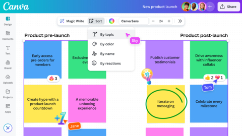 Smarter Whiteboards. With the power of AI, Sort will arrange your sticky notes based on colors, author names, number of reactions, or topics in a single click. (Graphic: Business Wire)