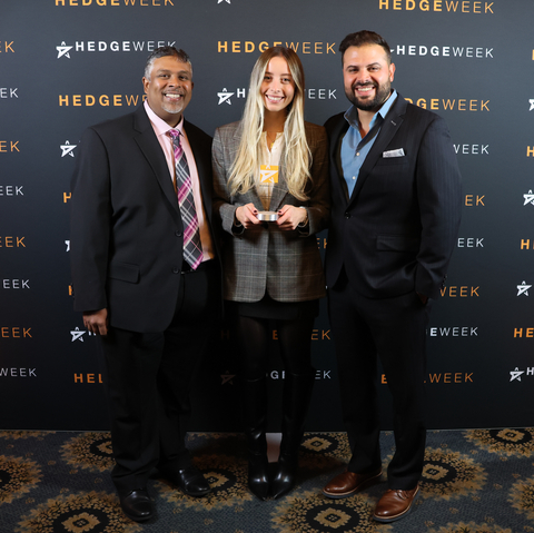 Vinod Paul, Kristine Masseria and Chris Zadrima accept Align's award for AI Technology Provider of the Year at the 2024 Hedgeweek US Award Ceremony. (Photo: Business Wire)