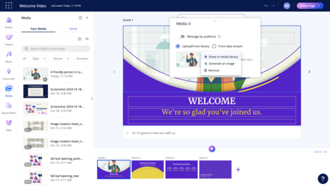 thumbnail Users select the final generative AI image they want to use in their video and drop it into the video's media placeholder. The gen AI image is also automatically saved to the user's media library for future reuse. (Photo: Business Wire)