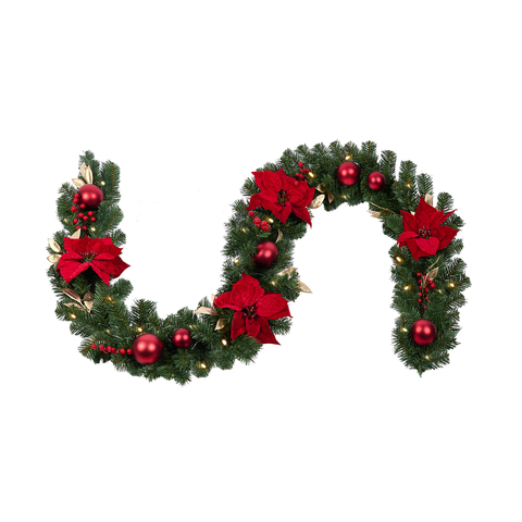 Berkley Jensen 9' Red Poinsettia Garland with LED