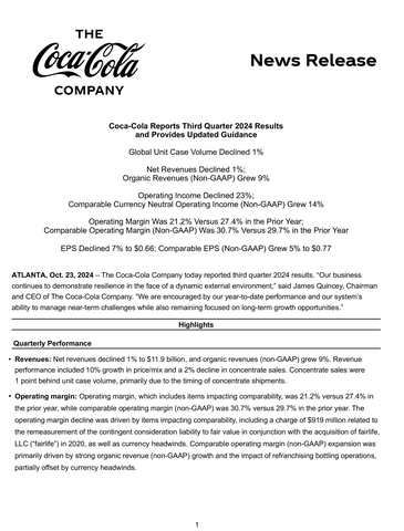 Coca-Cola third quarter 2024 full earnings release