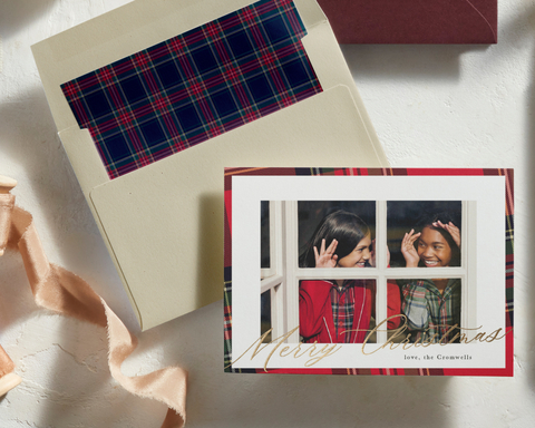 Minted, the premium design marketplace, announced the launch of a holiday card collection with designer sleepwear brand, Petite Plume. Shown here is the “Yule Plaid” holiday card by Cindy Reynolds with “Petite Plume Windsor Tartan” envelope liner. (Photo: Business Wire)