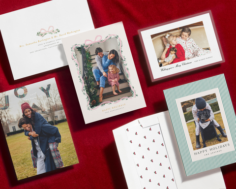 The Minted + Petite Plume collection draws inspiration from holiday moments shared with loved ones and the beloved tradition of taking photos in matching family pajamas. Holiday card designs (clockwise L to R) by Minted artists Christy Bergerson, Kristie Kern, Amy Kross, and Sarah Hicks Malone. Shown with “Petite Plume Holiday Journey” envelope liner. (Photo: Business Wire)