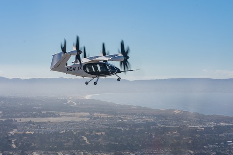 Joby’s second production prototype electric air taxi in wingborne flight above Marina, California. (Photo credit: Joby Aviation)