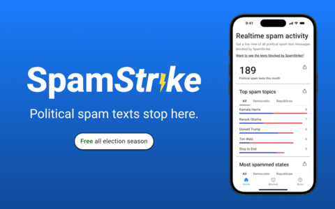 Say goodbye to political spam texts with SpamStrike—a free iOS app designed to block unwanted messages for good. (Graphic: Business Wire)