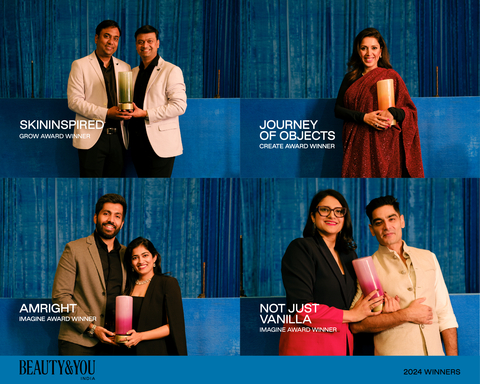 Top L: Piyush Jain (L) and Dr. Prashant Agrawal (R), co-founders, SkinInspired
Bottom L: Vijay Sivaraju (L) and Vaishnavi Maganti (R) , co-founders, Amright
Top R: Alia Allana, founder, Journey of Objects
Bottom R: Kritika Rathi (L) and Akshay Bawa (R) , co-founders, NOT just VANILLA (Photo: Business Wire)