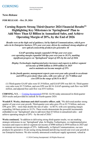 original Corning Incorporated Q3 2024 Earnings Release